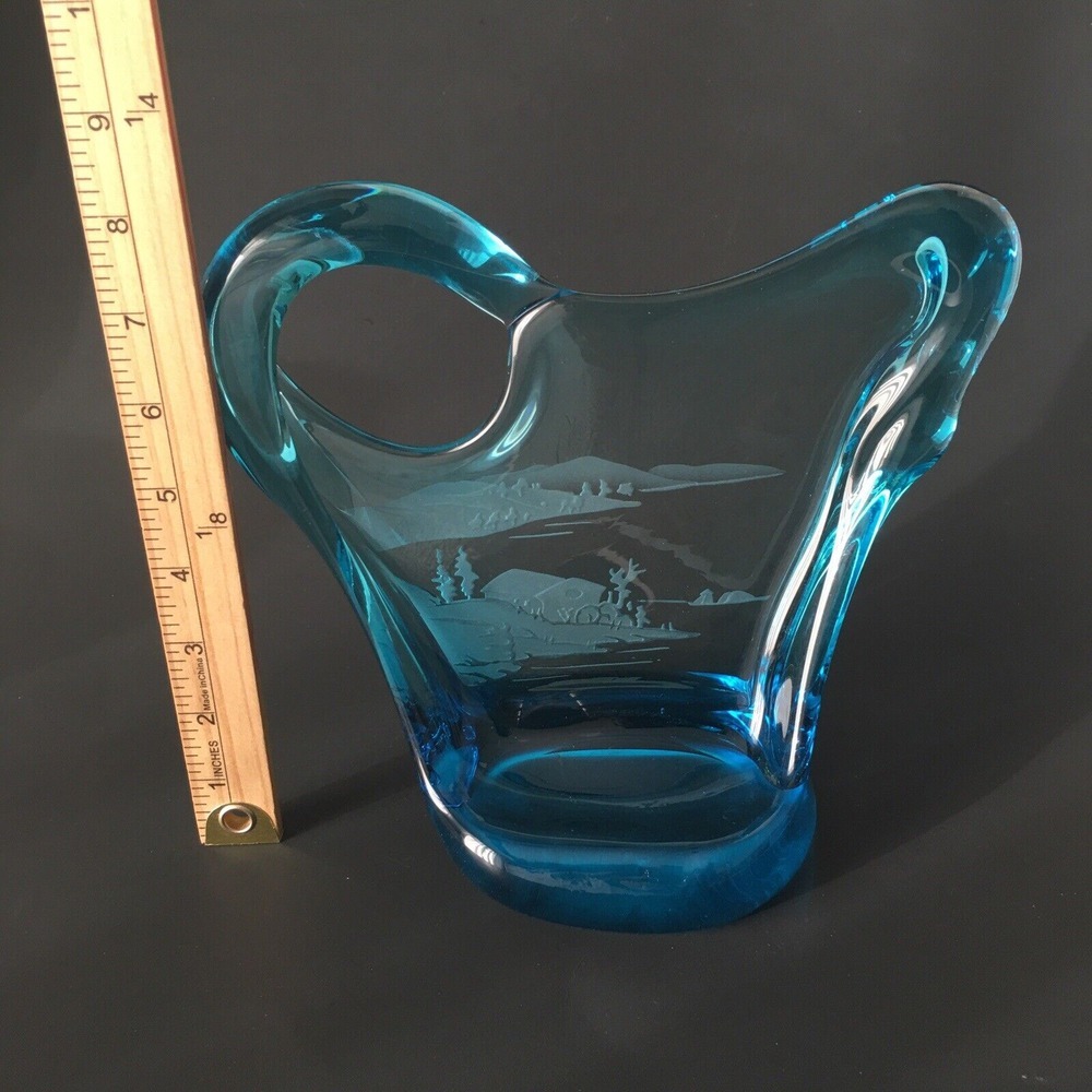 Blue Art Glass Etched Outdoor Scenery Stunning Unknown Artist - Picture 14 of 16